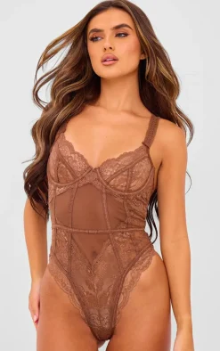 Chocolate Mesh Frill Detail Panelling Lace Bodysuit