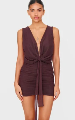 Chocolate Mesh Plunge Knot Detail Mini Dress
