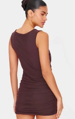 Chocolate Mesh Plunge Knot Detail Mini Dress