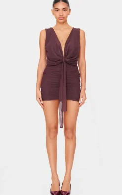 Chocolate Mesh Plunge Knot Detail Mini Dress