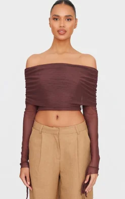 Chocolate Mesh Ultra Long Drape Sleeve Crop Top