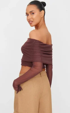 Chocolate Mesh Ultra Long Drape Sleeve Crop Top