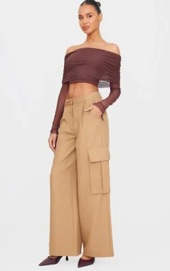 Chocolate Mesh Ultra Long Drape Sleeve Crop Top