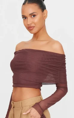Chocolate Mesh Ultra Long Drape Sleeve Crop Top