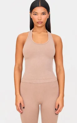 Chocolate Mocha Acid Wash Seamless Rib Halter Neck Gym Top