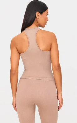 Chocolate Mocha Acid Wash Seamless Rib Halter Neck Gym Top