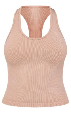 Chocolate Mocha Acid Wash Seamless Rib Halter Neck Gym Top