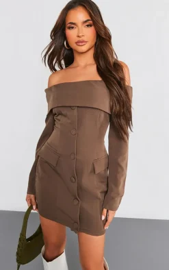 Chocolate Off Shoulder Button Front Shift Blazer Dress