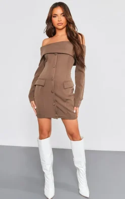 Chocolate Off Shoulder Button Front Shift Blazer Dress