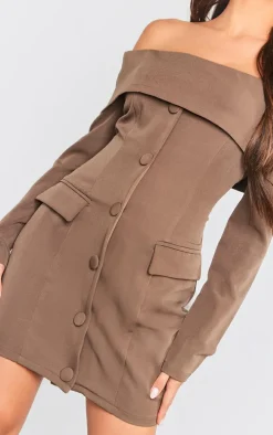 Chocolate Off Shoulder Button Front Shift Blazer Dress