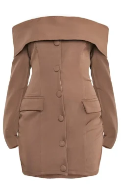 Chocolate Off Shoulder Button Front Shift Blazer Dress