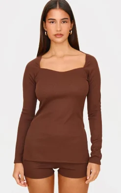 Chocolate Ottoman Ribbed Detail Long Sleeve Top