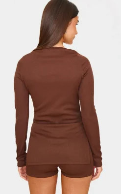 Chocolate Ottoman Ribbed Detail Long Sleeve Top