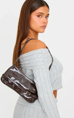 Chocolate Patent Pu Buckle Baguette Shoulder Bag