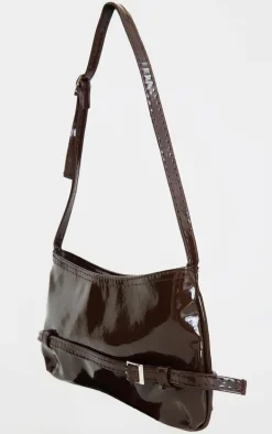 Chocolate Patent Pu Buckle Baguette Shoulder Bag
