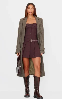 Chocolate Pinstripe Tailored Bandeau Belt Pleated Shift Dress