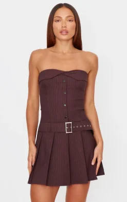 Chocolate Pinstripe Tailored Bandeau Belt Pleated Shift Dress