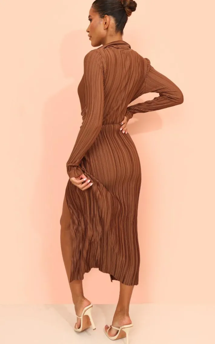 Chocolate Plisse Collar Detail Twist Midaxi Dress