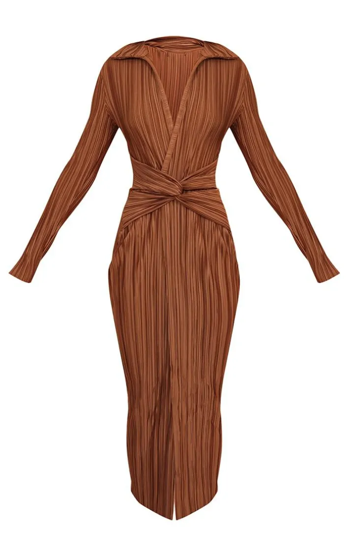 Chocolate Plisse Collar Detail Twist Midaxi Dress