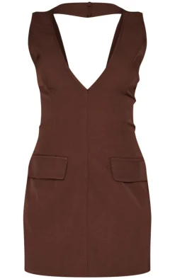 Chocolate Plunge Pocket Detail Mini Dress