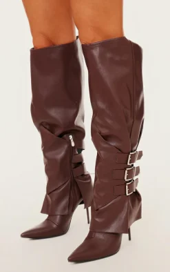 Chocolate PU Buckle Detail High Stiletto Heel Knee High Boots