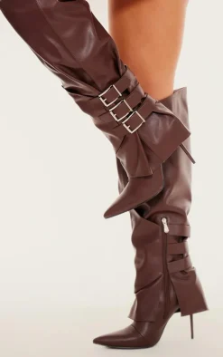Chocolate PU Buckle Detail High Stiletto Heel Knee High Boots