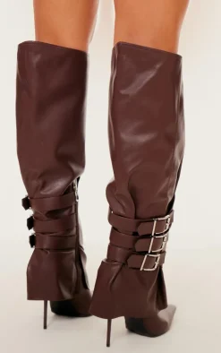 Chocolate PU Buckle Detail High Stiletto Heel Knee High Boots
