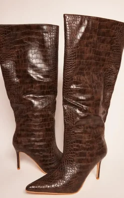 Chocolate PU Croc Detail Point Toe Stiletto Heeled Knee Boots
