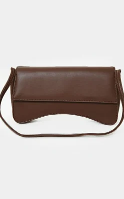 Chocolate PU Flap Over Baguette Shoulder Bag