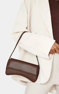 Chocolate PU Flap Over Baguette Shoulder Bag