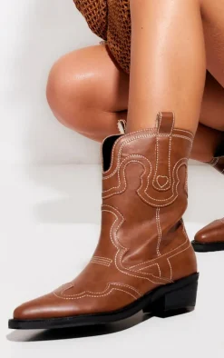 Chocolate Pu Point Toe Ankle Western Boots
