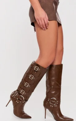 Chocolate PU Point Toe Buckle Detail Knee High Heeled Boots