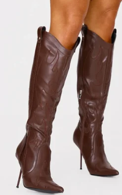 Chocolate PU Point Toe Distressed Western Stiletto Heeled Knee High Boots
