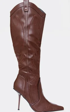 Chocolate PU Point Toe Distressed Western Stiletto Heeled Knee High Boots