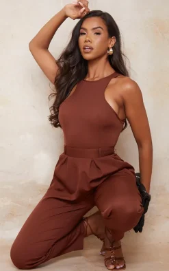 Chocolate Racer Back Pocket Detail Jumpsuit