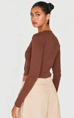 Chocolate Ribbed Aysmmetric Button Down Fitted Long Sleeve Top