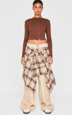 Chocolate Ribbed Aysmmetric Button Down Fitted Long Sleeve Top