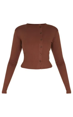 Chocolate Ribbed Aysmmetric Button Down Fitted Long Sleeve Top