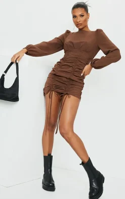 Chocolate Ruched Long Sleeve Bodycon Dress