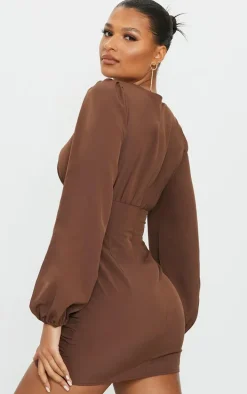 Chocolate Ruched Long Sleeve Bodycon Dress