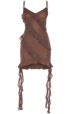 Chocolate Ruffle Detail Chiffon Sheer Shift Dress