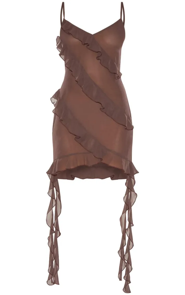 Chocolate Ruffle Detail Chiffon Sheer Shift Dress