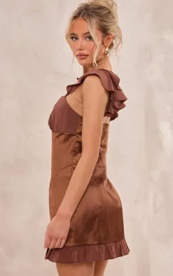 Chocolate Satin Corset Mesh Frill Cup Detail Mini Dress