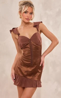 Chocolate Satin Corset Mesh Frill Cup Detail Mini Dress