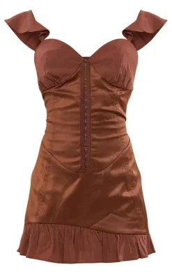 Chocolate Satin Corset Mesh Frill Cup Detail Mini Dress
