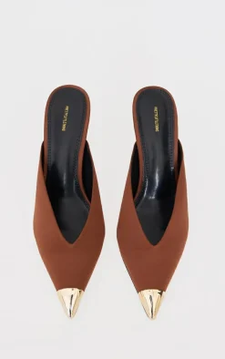 Chocolate Satin Gold Toe Cap Point Toe Heeled Mules