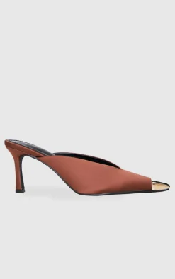 Chocolate Satin Gold Toe Cap Point Toe Heeled Mules