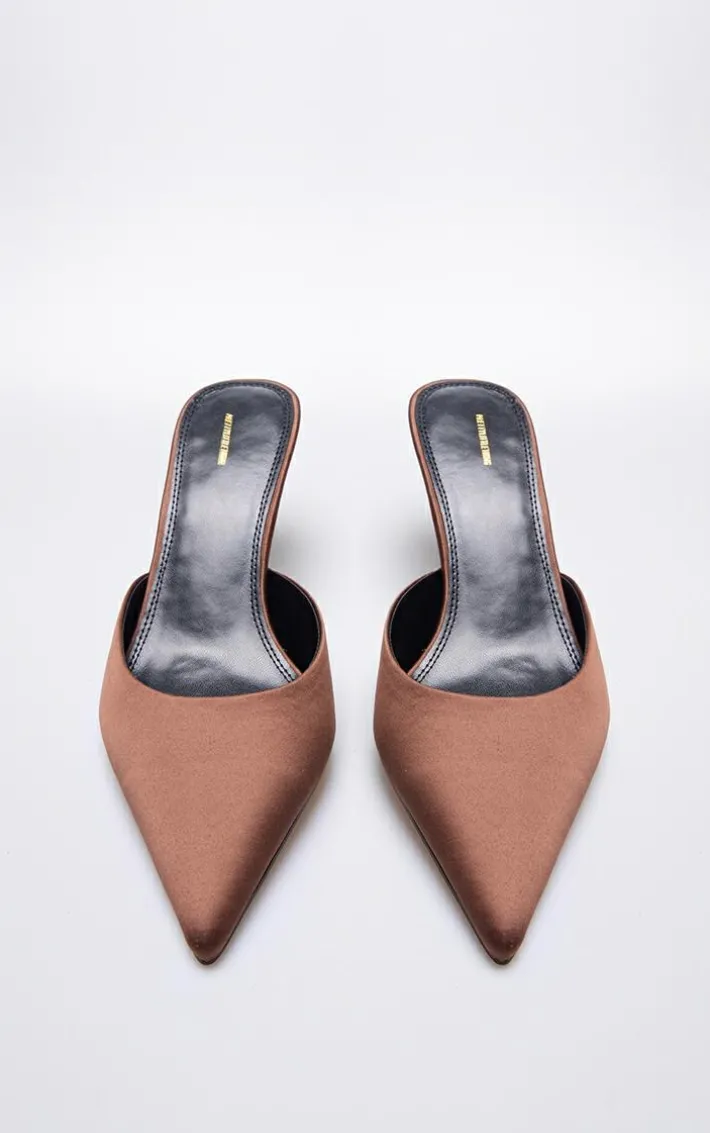 Chocolate Satin Point Toe Mid Stiletto Heeled Mules
