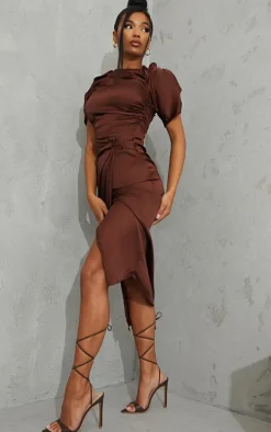 Chocolate Satin Short Sleeve Ruched Midaxi Dress