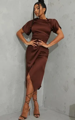 Chocolate Satin Short Sleeve Ruched Midaxi Dress